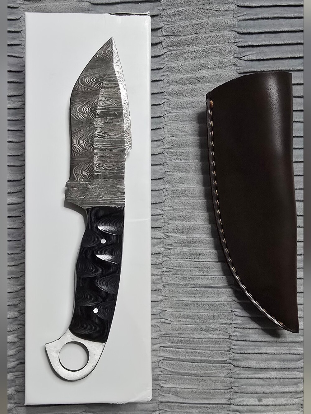 Custom Damascus Fixed Blade Knife with Black Sculpted Handle Sheath